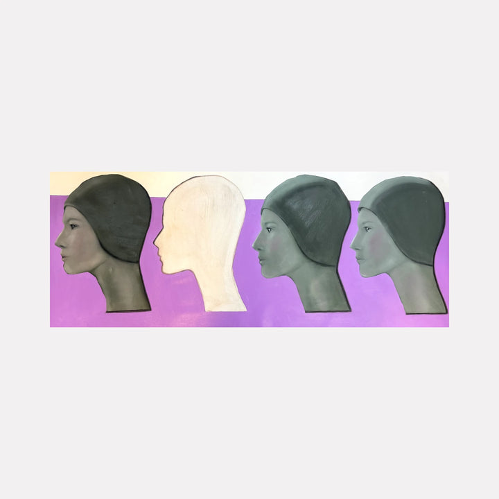 The Space Where I Was by Anastasia Korsakova features four side profiles of a head with a swim cap in varying shades of black, white, and gray against a gradient background blending soft yellows and purples, exploring themes of identity and transition through minimalist portraiture.