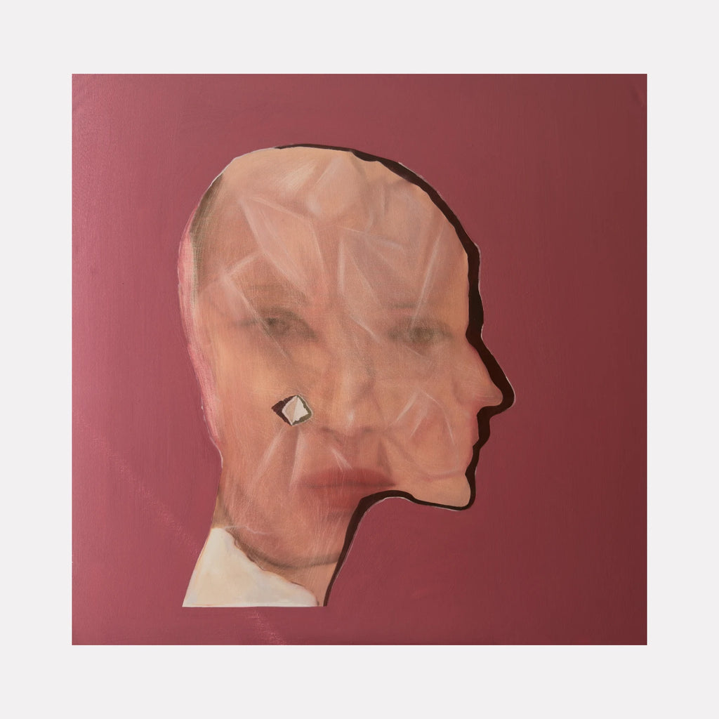 The Version I Remember by Anastasia Korsakova features a layered, abstract portrait blending a textured face with a bold side profile outline against a rich maroon background, evoking complex emotions and introspective depth in contemporary art.