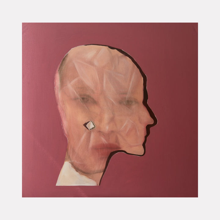 The Version I Remember by Anastasia Korsakova features a layered, abstract portrait blending a textured face with a bold side profile outline against a rich maroon background, evoking complex emotions and introspective depth in contemporary art.