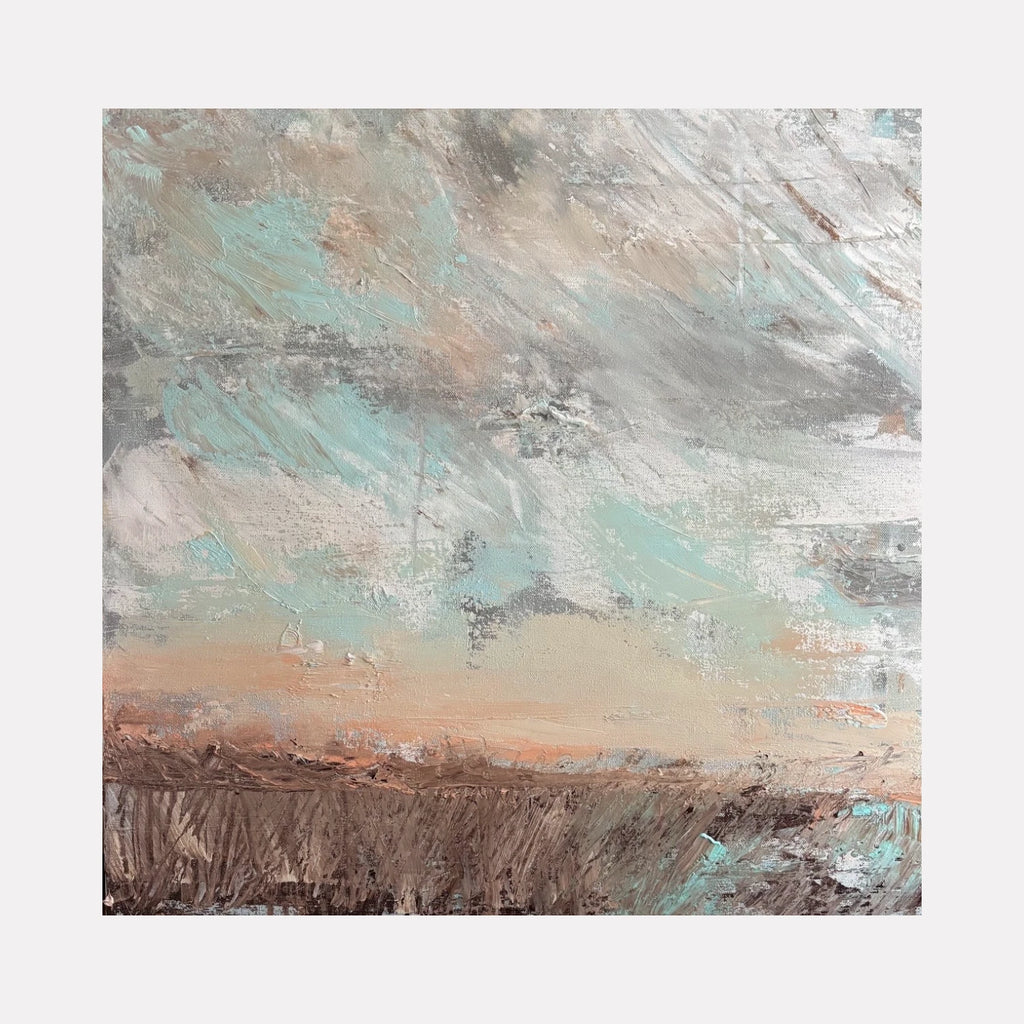 Tumultuous by Tammy Kushnir is a Curina art piece featuring textured, swirling brushstrokes in muted blues, grays, soft peach, and earthy browns, evoking a dynamic, stormy sky above a layered abstract landscape with subtle depth and movement.