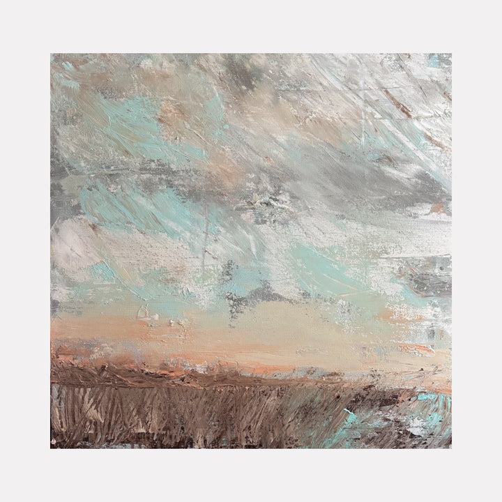 Tumultuous by Tammy Kushnir is a Curina art piece featuring textured, swirling brushstrokes in muted blues, grays, soft peach, and earthy browns, evoking a dynamic, stormy sky above a layered abstract landscape with subtle depth and movement.