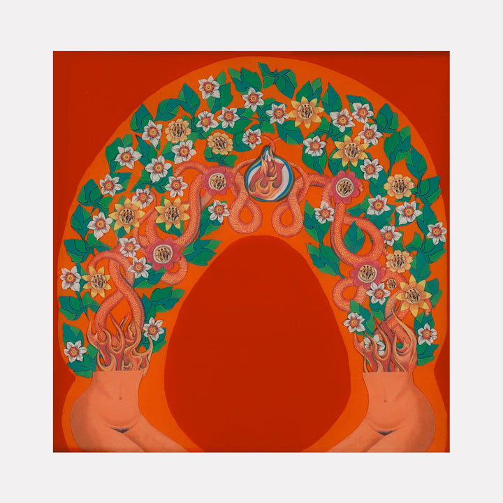 Two Body Problem by Chelsea Amato features two nude figures with intertwined, fiery plants and blooming flowers growing from their torsos, set against a vibrant orange background, blending symbolic natural elements with surreal, colorful artistry in a distinctive and evocative style.