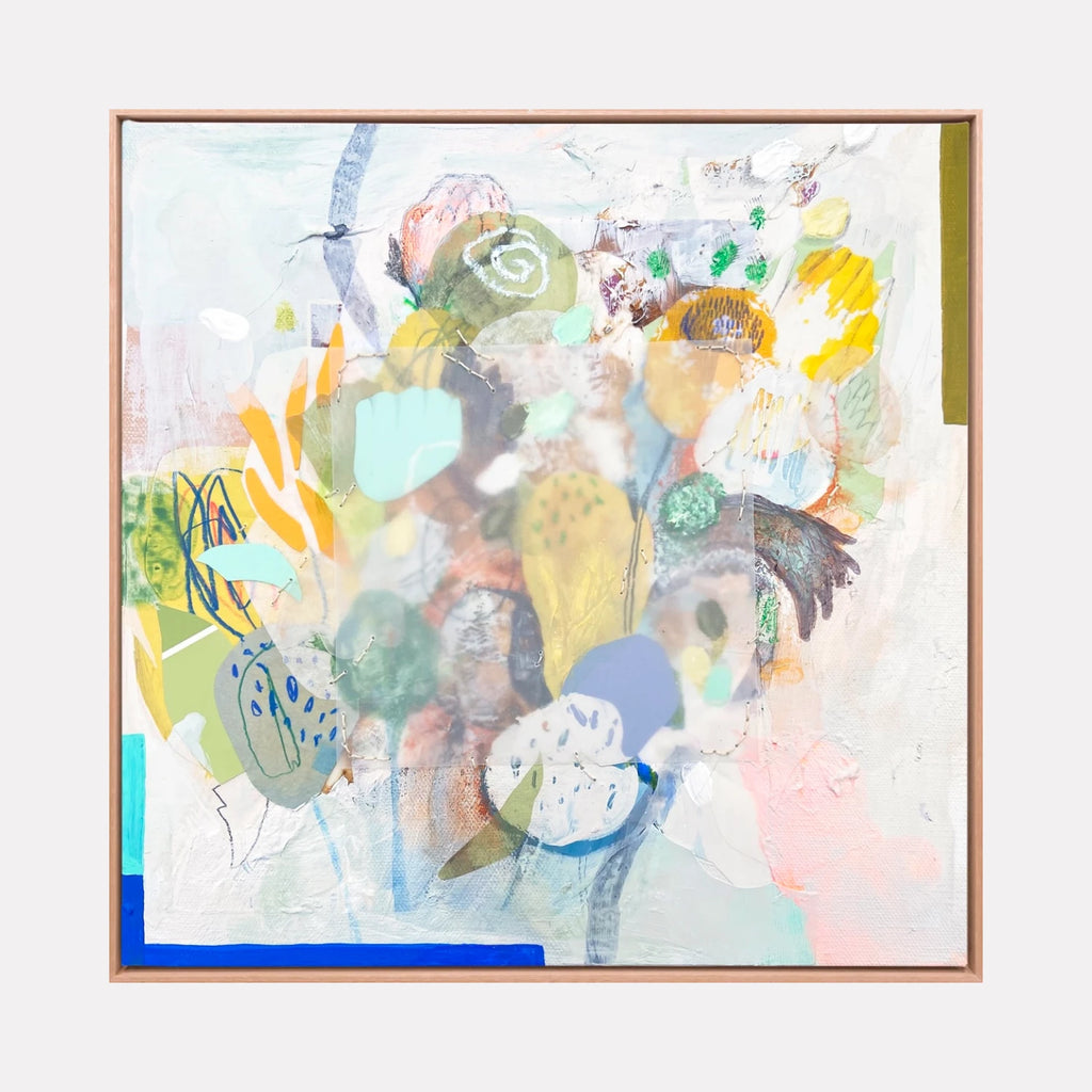 Unknown Bouquet No.2 by Linden Eller is a Curina art piece featuring a soft, abstract floral composition with gentle pastel shades of green, blue, yellow, and peach overlaying textured white and beige areas, creating a delicate, layered effect full of subtle movement and organic shapes.