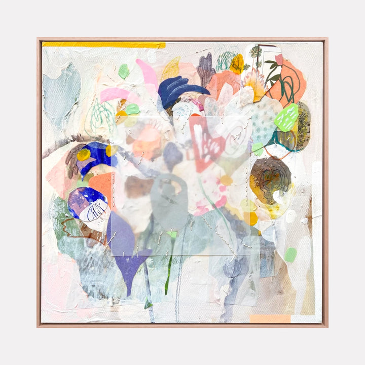 Unknown Bouquet No.3 by Linden Eller is a Curina art piece showcasing an abstract floral composition with soft pastel hues, layered textures, and delicate brushstrokes, creating a whimsical and ethereal bouquet with subtle pops of color and organic shapes.