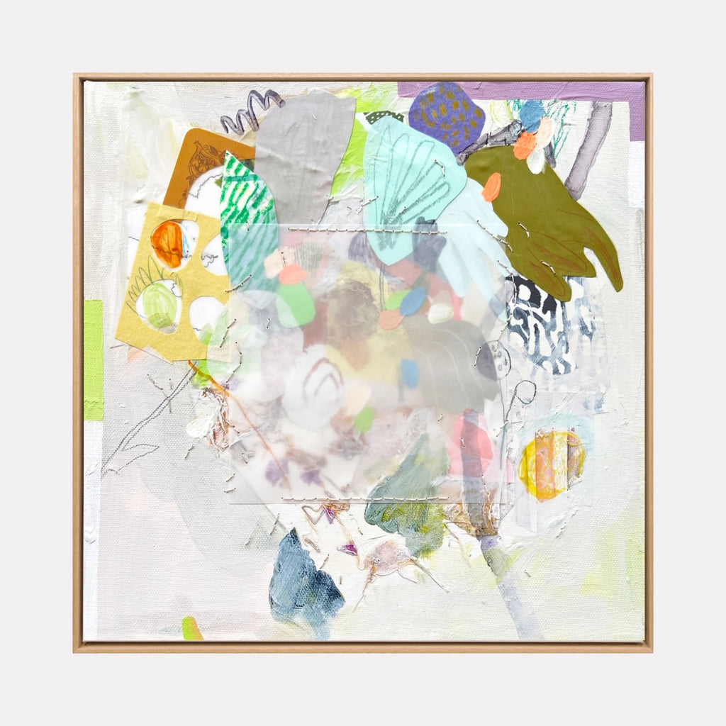 Unknown Bouquet No.4 by Linden Eller is a Curina art piece showcasing a layered abstract composition with soft pastel hues and vibrant accents in green, blue, orange, and yellow, blending organic shapes and textured brushstrokes for a lively, delicate effect.