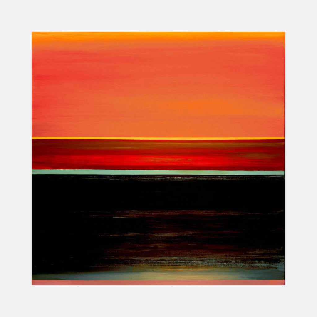Geo #4 by Vanessa Ryan is a Curina art piece showcasing a bold abstract landscape with horizontal bands of vivid orange, deep red, and contrasting black, blending smooth gradients and textured layers to evoke a dramatic and atmospheric horizon.