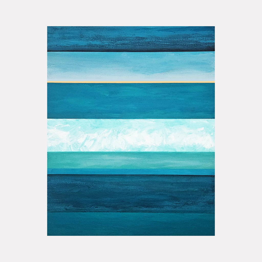 Befor Morning by Vanessa Ryan is a Curina art piece presenting a series of horizontal bands in varying shades of blue and teal, blending textured brushstrokes and smooth gradients to evoke a peaceful, ocean-inspired abstract landscape.