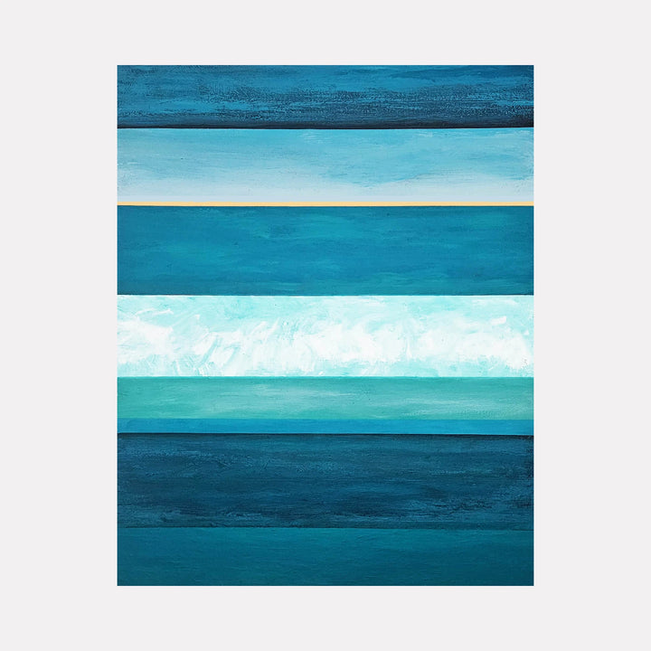 Befor Morning by Vanessa Ryan is a Curina art piece presenting a series of horizontal bands in varying shades of blue and teal, blending textured brushstrokes and smooth gradients to evoke a peaceful, ocean-inspired abstract landscape.