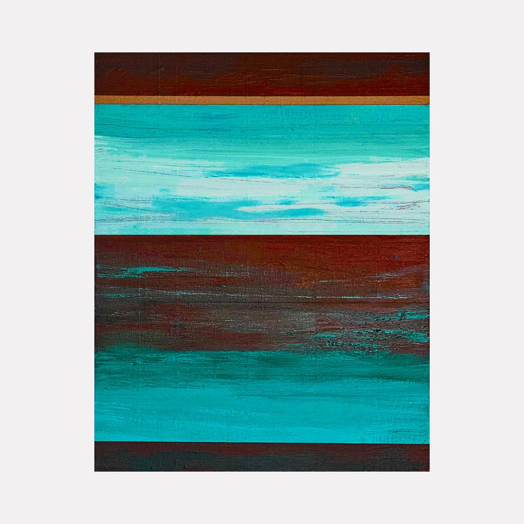 October Morning by Vanessa Ryan is a Curina art piece featuring layered horizontal bands in rich turquoise and deep rust hues, blending textured strokes and subtle gradients to evoke a serene abstract landscape with a harmonious, contemplative mood.