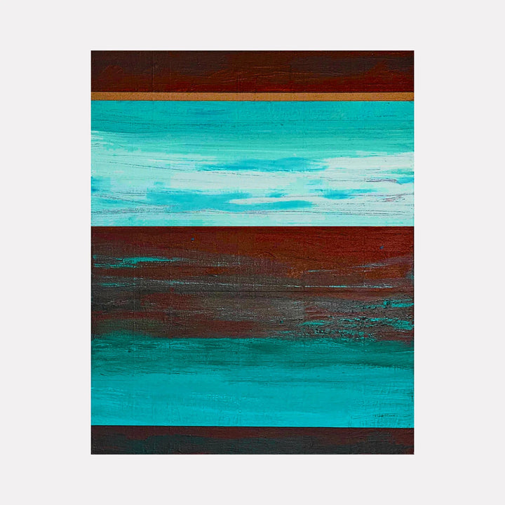 October Morning by Vanessa Ryan is a Curina art piece featuring layered horizontal bands in rich turquoise and deep rust hues, blending textured strokes and subtle gradients to evoke a serene abstract landscape with a harmonious, contemplative mood.