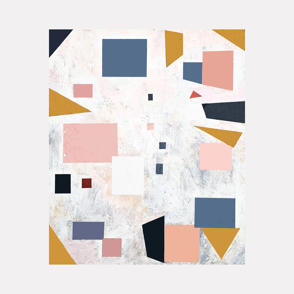Early Autumn by Vanessa Ryan is a Curina art piece featuring an abstract arrangement of geometric shapes in muted pinks, blues, ochre, and black on a textured pale background, creating a balanced and contemplative modern composition.