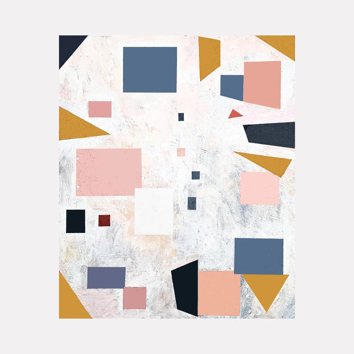 Early Autumn by Vanessa Ryan is a Curina art piece featuring an abstract arrangement of geometric shapes in muted pinks, blues, ochre, and black on a textured pale background, creating a balanced and contemplative modern composition.