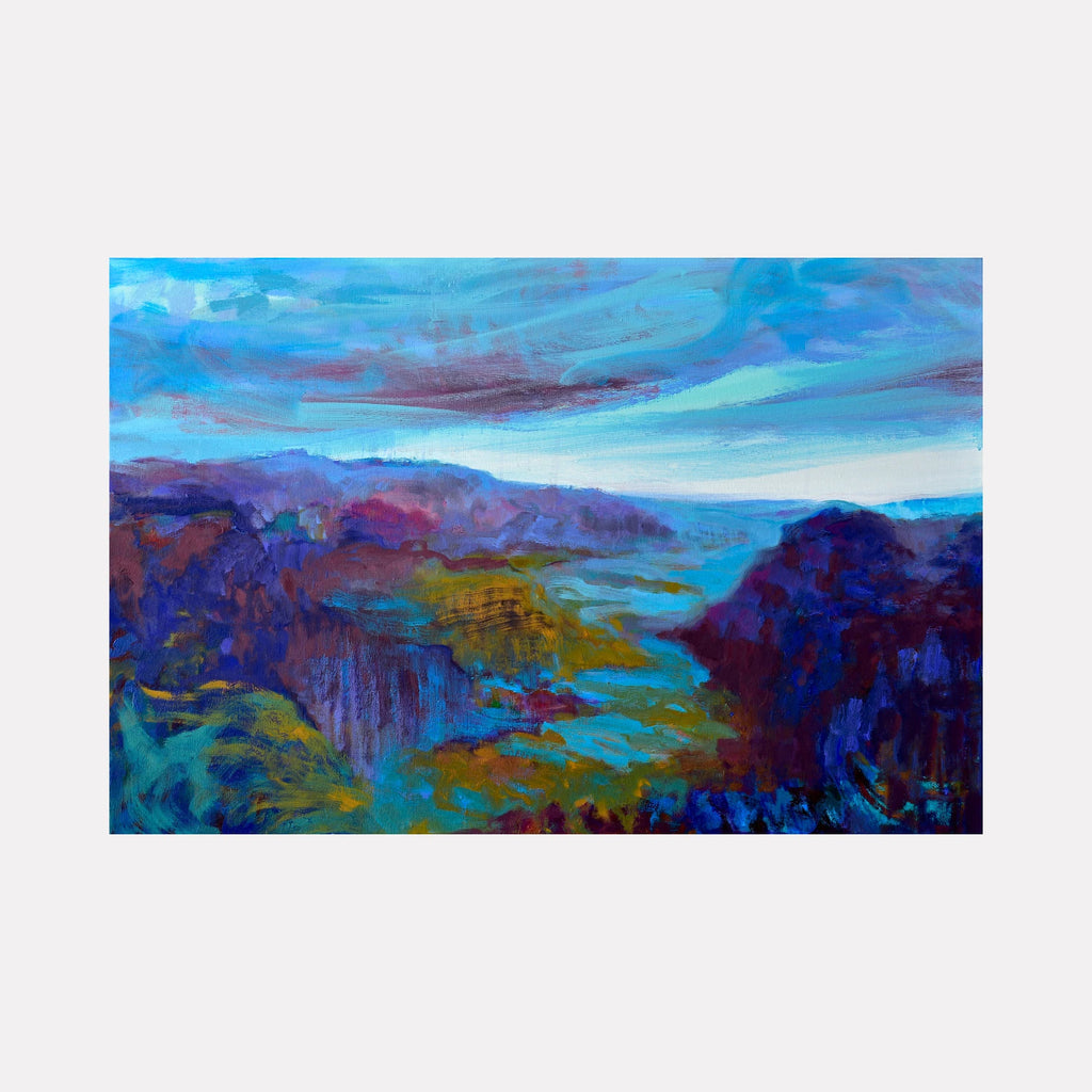 Waimea Canyon by Melanie Kozol is a Curina art piece depicting a vivid landscape with deep blues, purples, and greens that convey the canyon’s dramatic terrain beneath a swirling, dynamic sky. The painting blends expressive brushwork and rich colors to evoke natural grandeur.