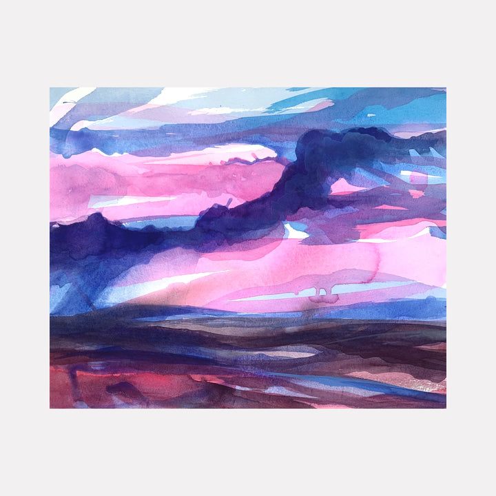 West by Melanie Kozol is a Curina art piece showcasing an abstract landscape with sweeping layers of pink, purple, and blue hues blending across a dynamic sky and darkened terrain, evoking a serene yet vivid natural scene through fluid brushstrokes and rich color contrasts.