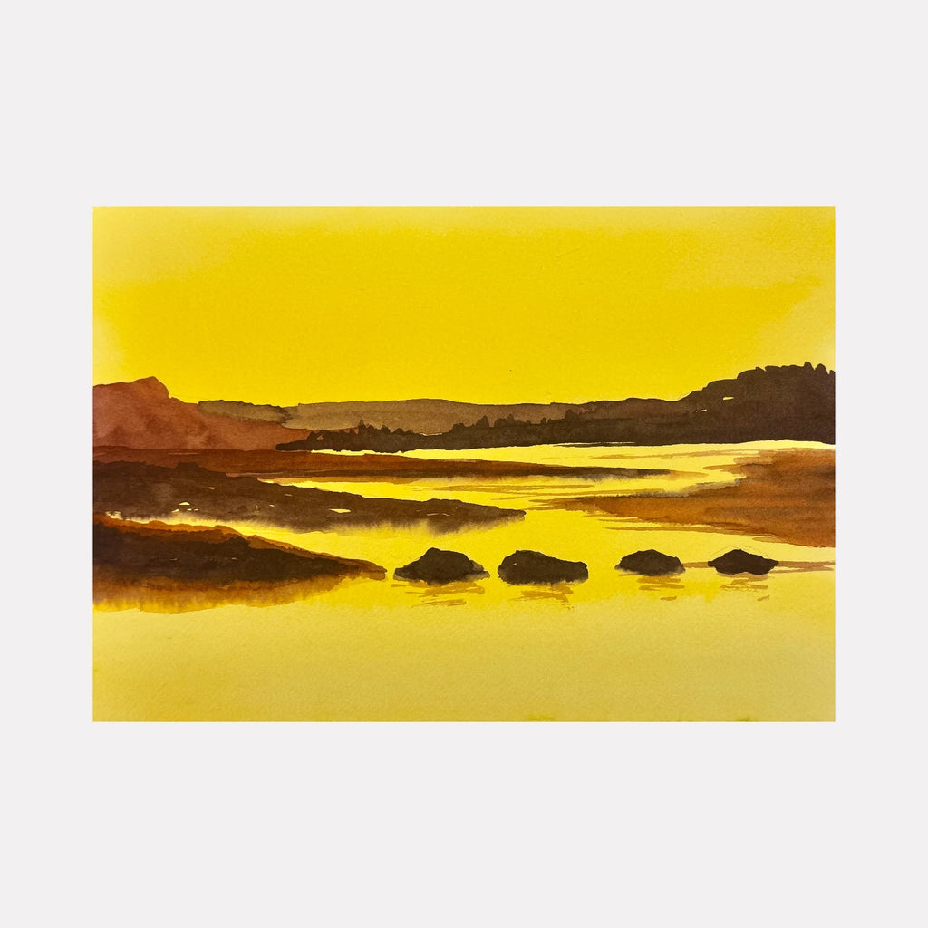 Westport by Melanie Kozol is a Curina art piece capturing a tranquil landscape at sunset with warm golden yellows and deep browns reflecting across calm water, evoking a peaceful and contemplative mood in a natural setting.