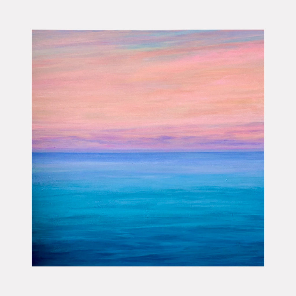 Perfect Ending by Benna Holden is a Curina art piece portraying a tranquil seascape with smooth gradations of deep turquoise to soft blue water beneath a pastel pink and peach sky, evoking a peaceful, calming atmosphere in a refined acrylic style.