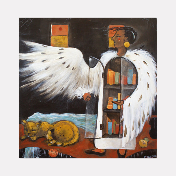 A Pandora's Box by Dara Theodora is a Curina art piece depicting a figure with white wings and a transparent body revealing shelves filled with colorful books, standing beside a sleeping leopard on a rust-colored ground under dim light.