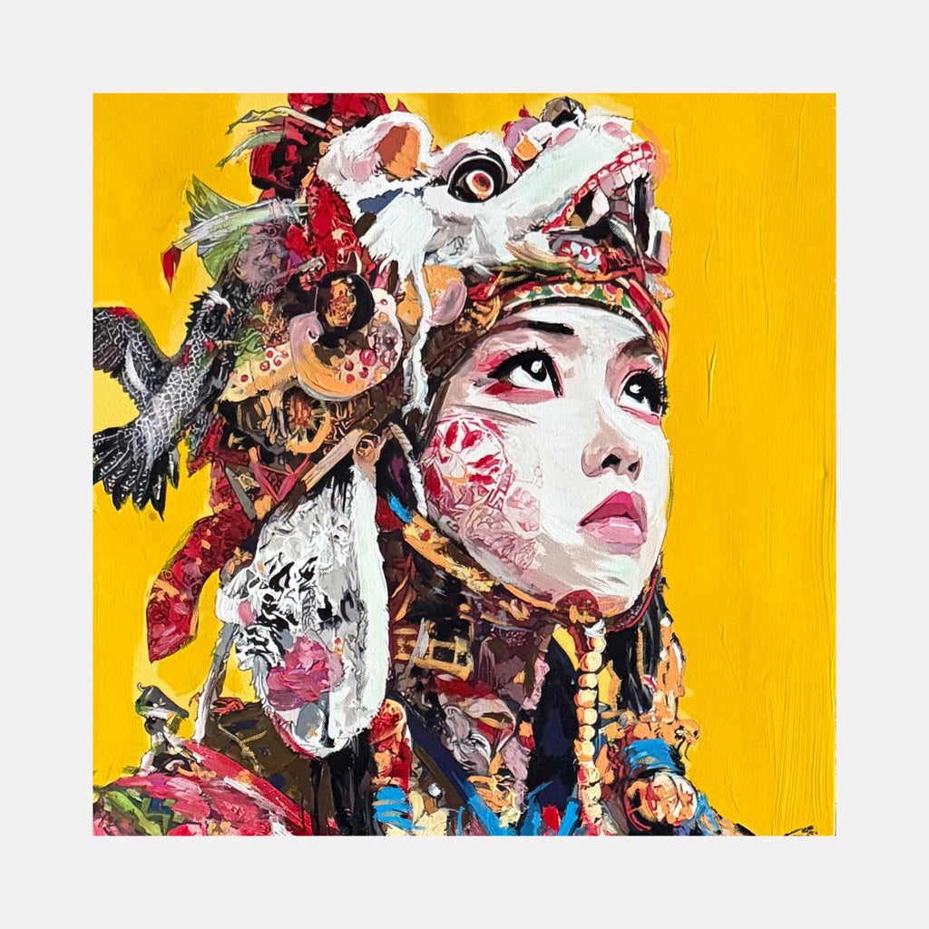 Dragon Heart by Claudia Sauter portrays a striking portrait of a woman adorned with a detailed, vibrant headdress featuring dragon motifs, feathers, and intricate textures against a bold yellow background, blending dynamic brushwork and layered elements in this Curina art piece.