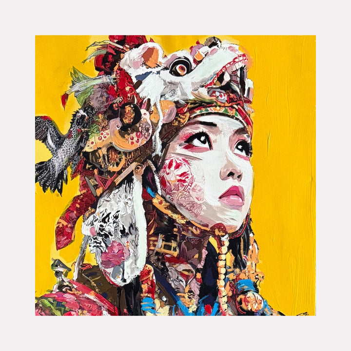Dragon Heart by Claudia Sauter portrays a striking portrait of a woman adorned with a detailed, vibrant headdress featuring dragon motifs, feathers, and intricate textures against a bold yellow background, blending dynamic brushwork and layered elements in this Curina art piece.