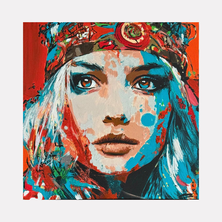Hippie for Life by Claudia Sauter captures a vibrant portrait of a woman wearing a colorful headscarf, blending bold reds, blues, and oranges in an expressive mixed-media style that highlights emotional depth and artistic energy within the Curina collection.