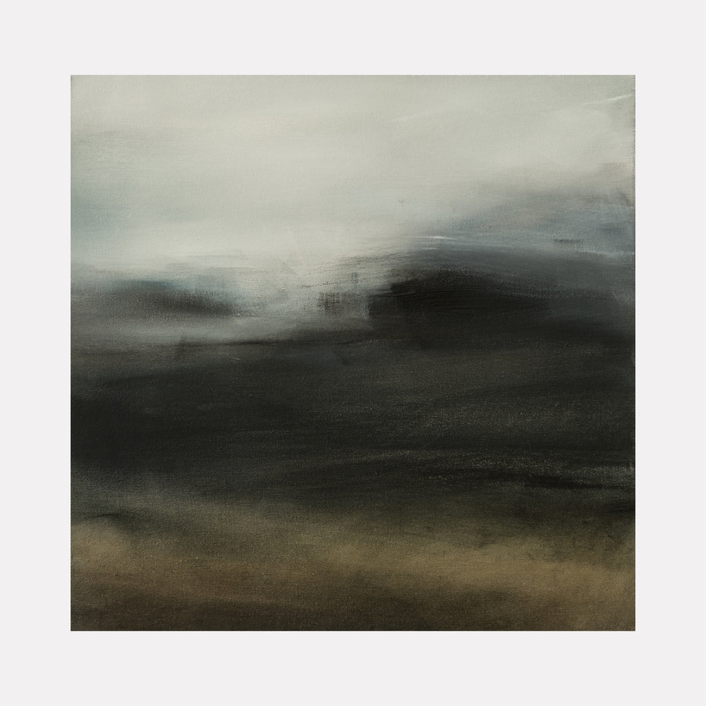 In the Mist II by Xanthippe Tsalimi features an evocative abstract landscape with soft gradations of muted grays, blues, and earthy tones, creating a serene, atmospheric effect that suggests a foggy horizon in a contemporary art style.