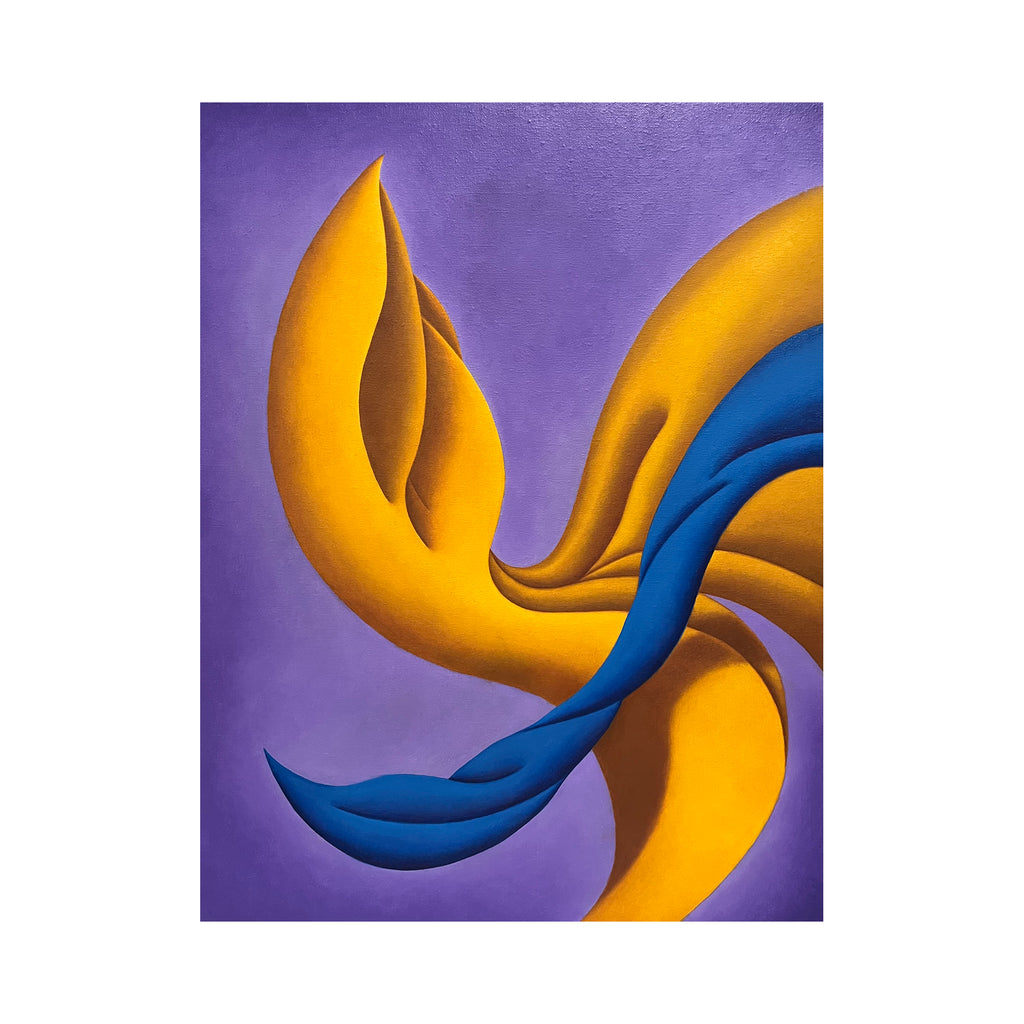 The artwork 'The Promise of Life' by Joe Piscopia features flowing abstract shapes in vibrant golden yellow and deep blue against a rich purple background. The curved forms create a dynamic spiral movement, with smooth, undulating lines suggesting organic motion. The oil painting's bold contrasting colors and fluid composition evoke a sense of harmony and continuous movement.