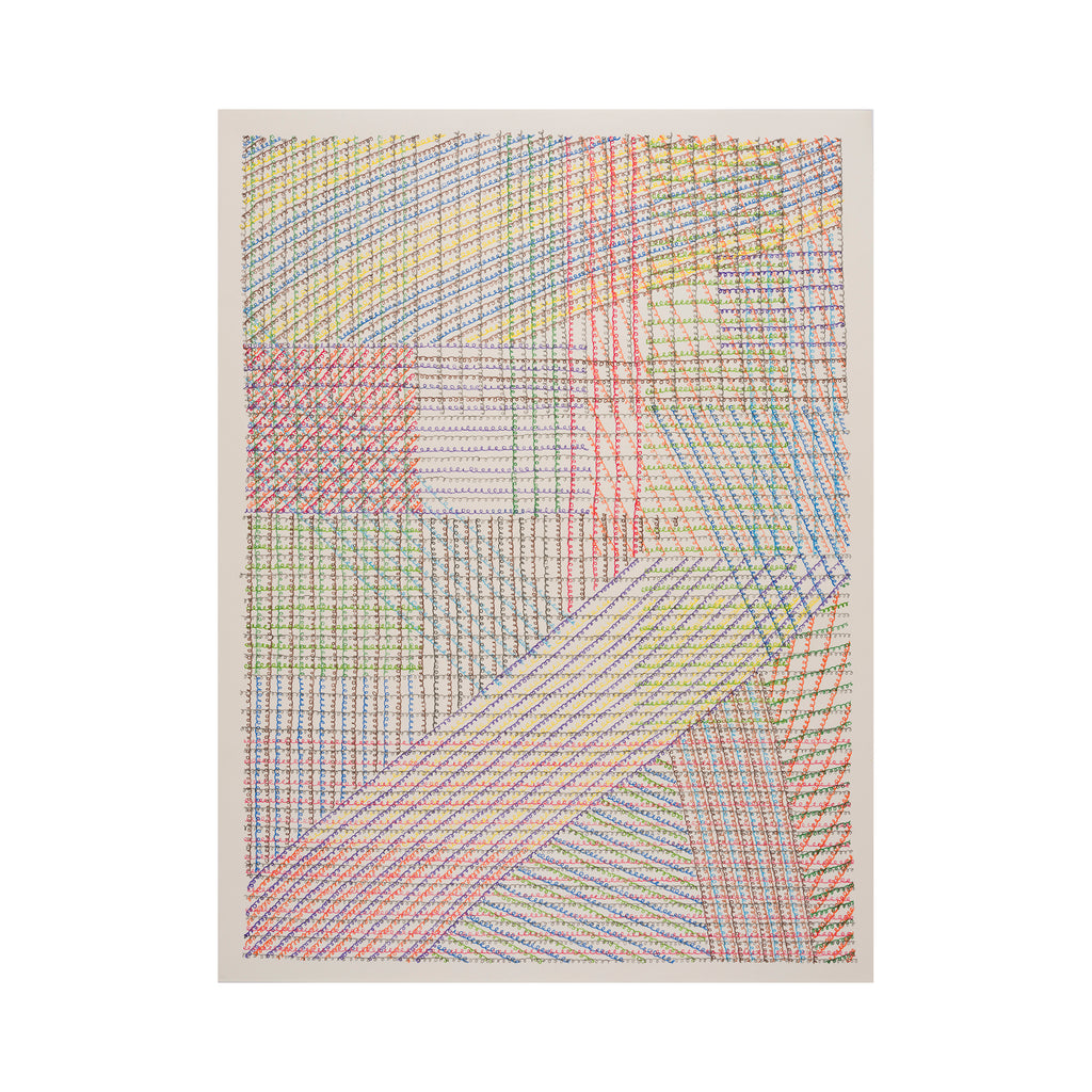 The artwork 'Layered Meditation' by Lynnette Therese Sauer features intricate geometric patterns created with colored pencil on paper. Intersecting diagonal lines in vibrant hues of red, blue, yellow, and green form a complex grid-like composition, creating depth and movement through overlapping sections and varying line densities.