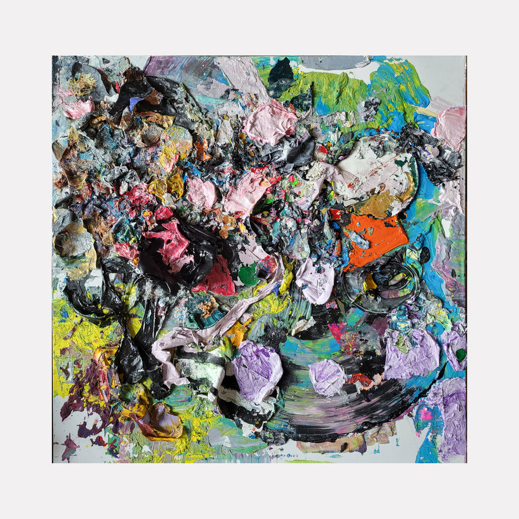 The artwork 'Playing in the Streets' by Roger Hsia features a vibrant abstract composition with heavily textured impasto paint technique. Bold swirls of pink, yellow, turquoise, and orange burst through layers of black and white, creating a dynamic urban-inspired chaos. The thick, sculptural application of paint creates a three-dimensional effect reminiscent of street art and graffiti culture. - Roger Hsia