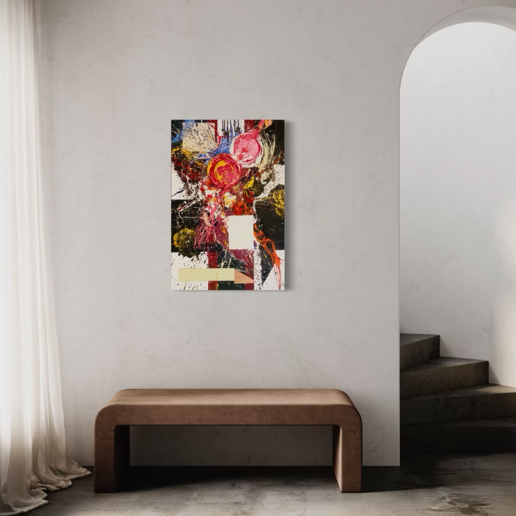 The artwork 'The Coordinate System of King Solomon' by Dom Hiddo features vibrant abstract floral composition with bold pink and red blooms against dark contrasts. Mixed media artwork combines acrylic and oil techniques, creating textural depth with dynamic brushstrokes and layered elements on canvas, displayed in a minimalist interior setting. By Dom Hiddo.