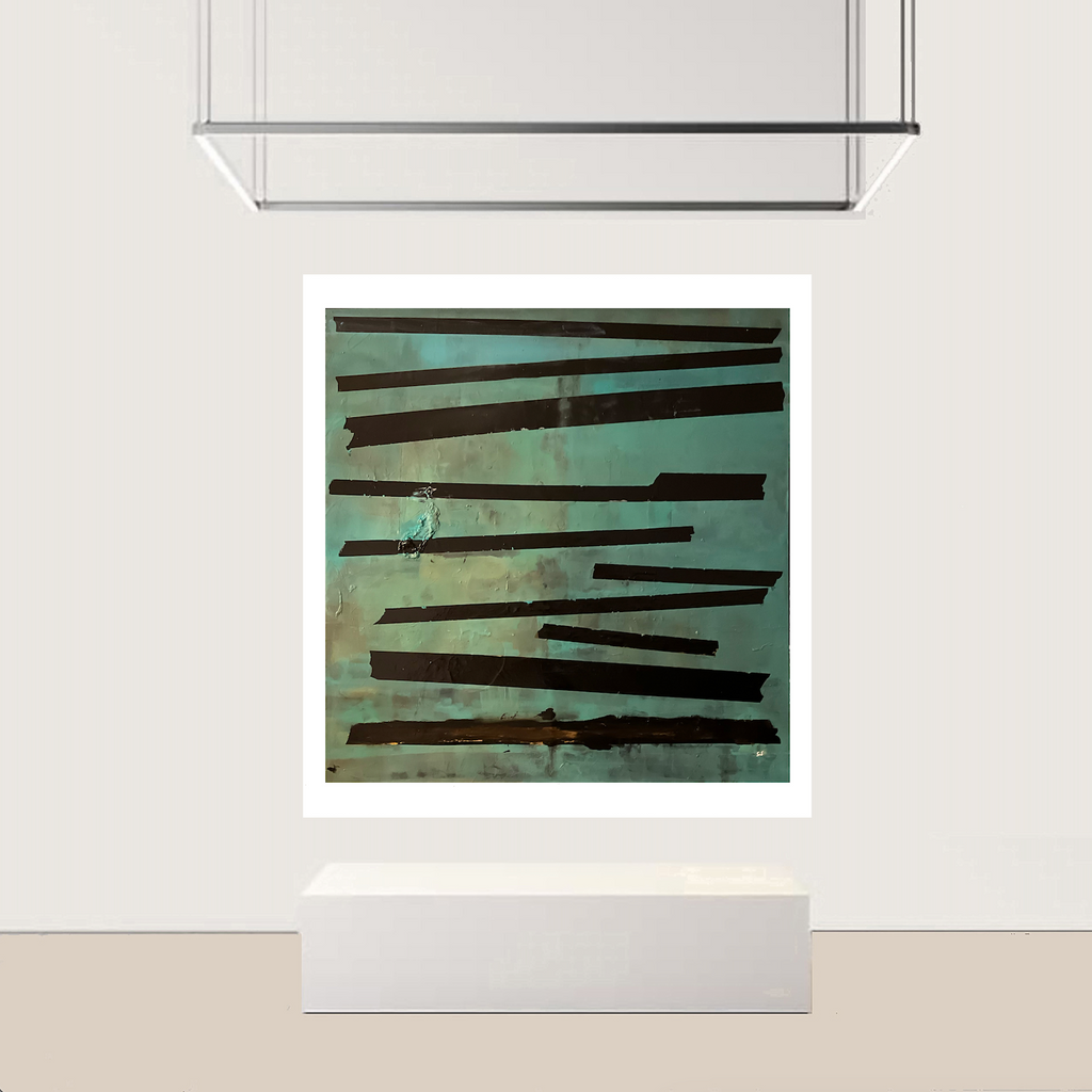The artwork, Black Meaure, by Stella Michaels, displayed in a room.