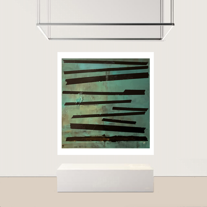 The artwork, Black Meaure, by Stella Michaels, displayed in a room.