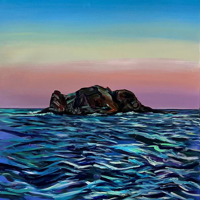 The artwork 'Sorbet Elephant' by Claudia Robles-Gil depicts a dark rocky island rising from turbulent ocean waves, set against a pastel gradient sky. The seascape features dynamic brushstrokes in deep blues and teals, while the horizon glows with soft pink and turquoise hues. Oil and acrylic on canvas, 40x40 inches.