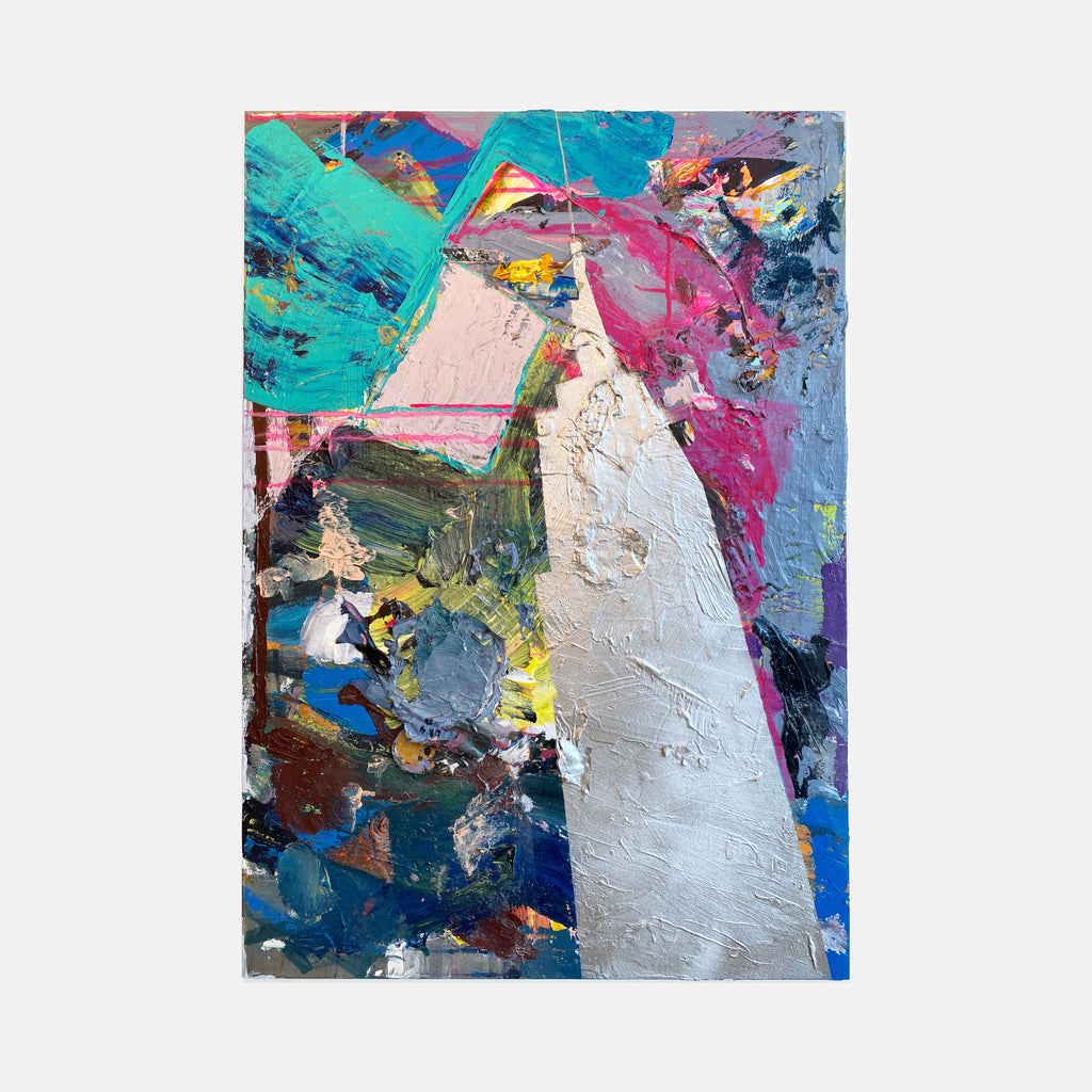 The artwork 'State of Mind' by Roger Hsia features an abstract expressionist composition with dynamic brushstrokes and textured impasto technique. Bold turquoise, pink, and white dominate the canvas, creating a striking arc formation. Rich layers of paint blend with deep blues and scattered yellow accents, showcasing energetic movement and emotional depth through varied paint application.