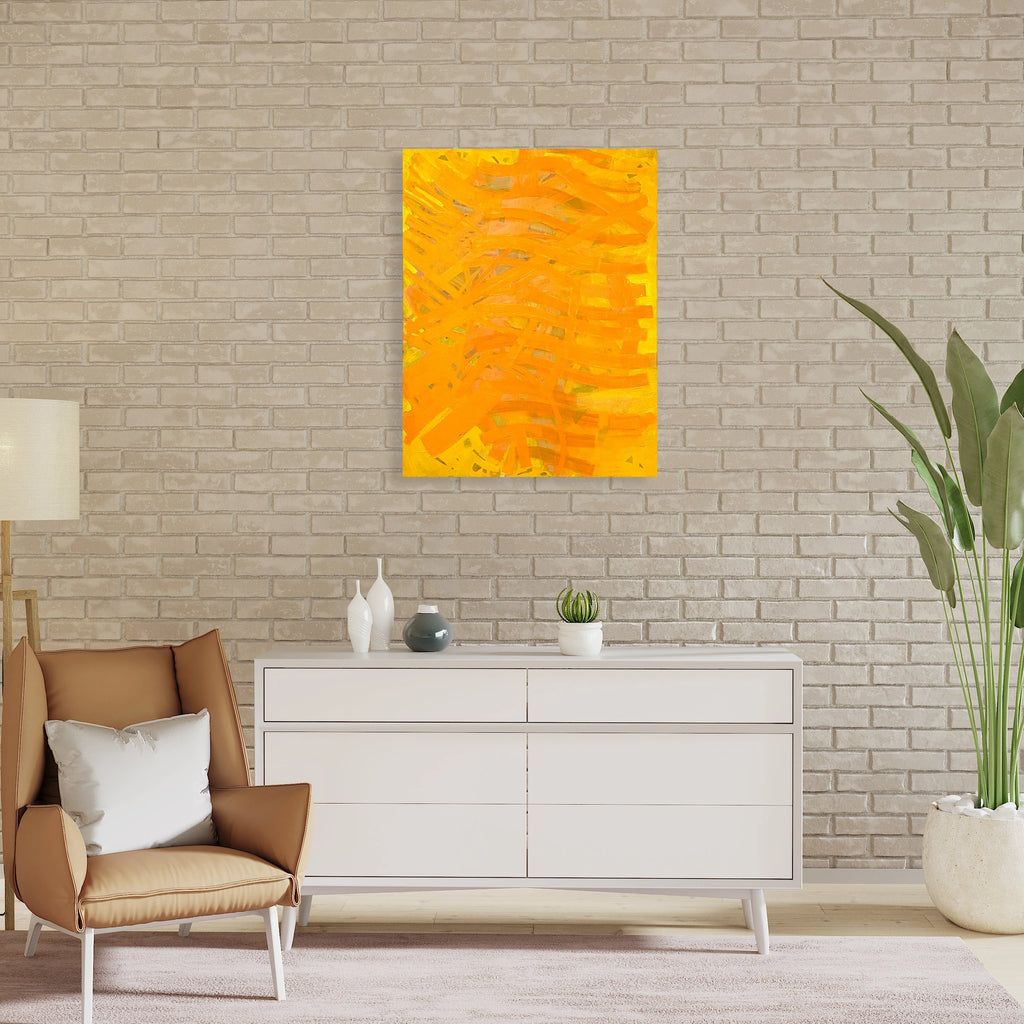 The artwork 'Orange Ebb' by Julie Shapiro features vibrant waves of orange and yellow hues flowing across the canvas in dynamic brushstrokes. The abstract composition creates a sense of movement through textured layers of oil paint, with subtle variations in tone creating depth and energy. The 36x28 inch painting demonstrates expressive modern artistic style by Julie Shapiro.