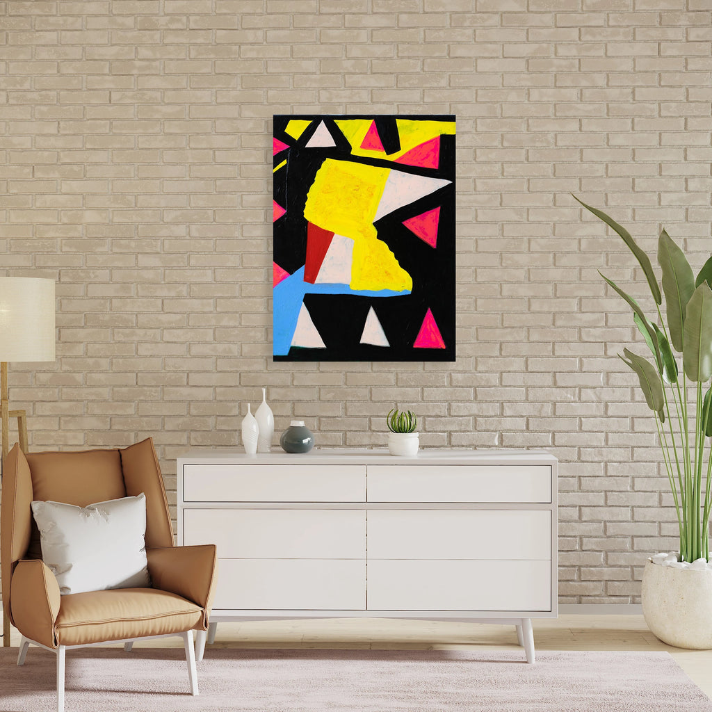 The artwork 'Street Smarts' by Gyan Shrosbree features bold geometric shapes on a black background, including vibrant yellow blocks, hot pink triangles, light blue angular forms, and white accents. The abstract composition creates a dynamic interplay of sharp edges and color contrasts, painted in acrylic on stretched linen canvas.