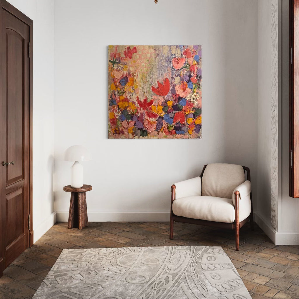 The artwork 'La Vie En Rose' by Ayane Kurai features vibrant floral abstractions in coral, orange, and blue tones against a textured golden background. The oil painting showcases a whimsical garden-like composition with layered brushstrokes creating depth and movement. The 48x48 inch canvas reveals an impressionistic style with modern abstract elements. By Ayane Kurai.