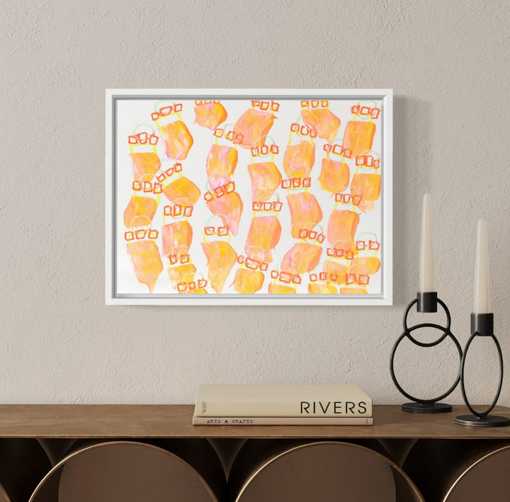 The artwork 'Floaty Flora, No.1' by Taylor Binda features abstract peach and orange brushstrokes scattered across white watercolor paper, creating a playful pattern of floating organic shapes. Small orange rectangular accents complement the fluid forms, creating a light and airy composition using acrylic paint. By Taylor Binda.
