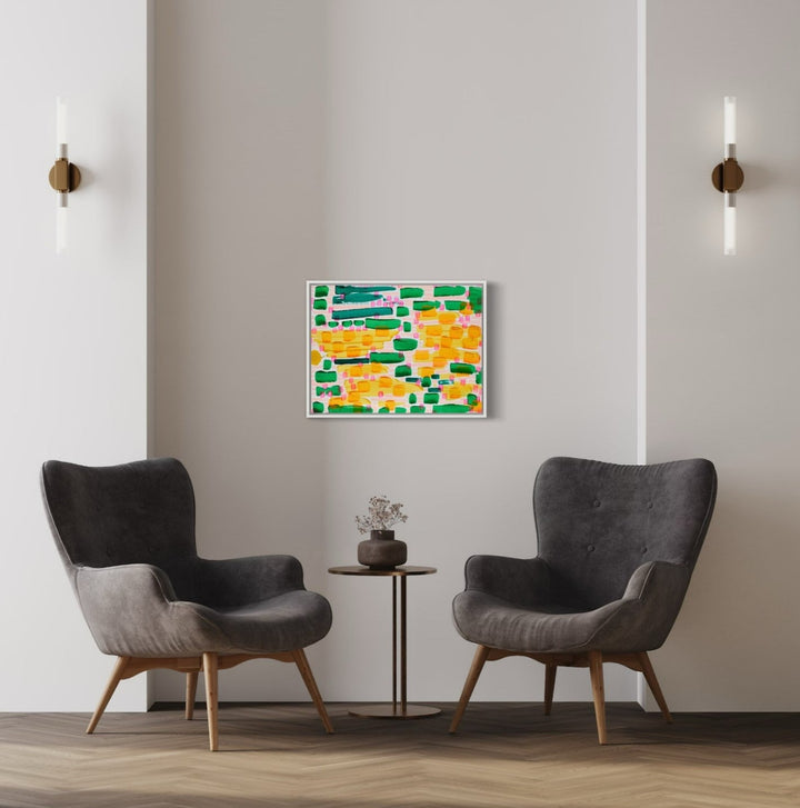 The artwork 'Garden, Plots No.2' by Taylor Binda features a vibrant abstract composition with rectangular blocks in emerald green and golden yellow hues arranged in a mosaic-like pattern. The acrylic painting on watercolor paper creates a dynamic interplay of geometric shapes, suggesting aerial views of garden landscapes. Framed artwork, 18x24 inches, by Taylor Binda.