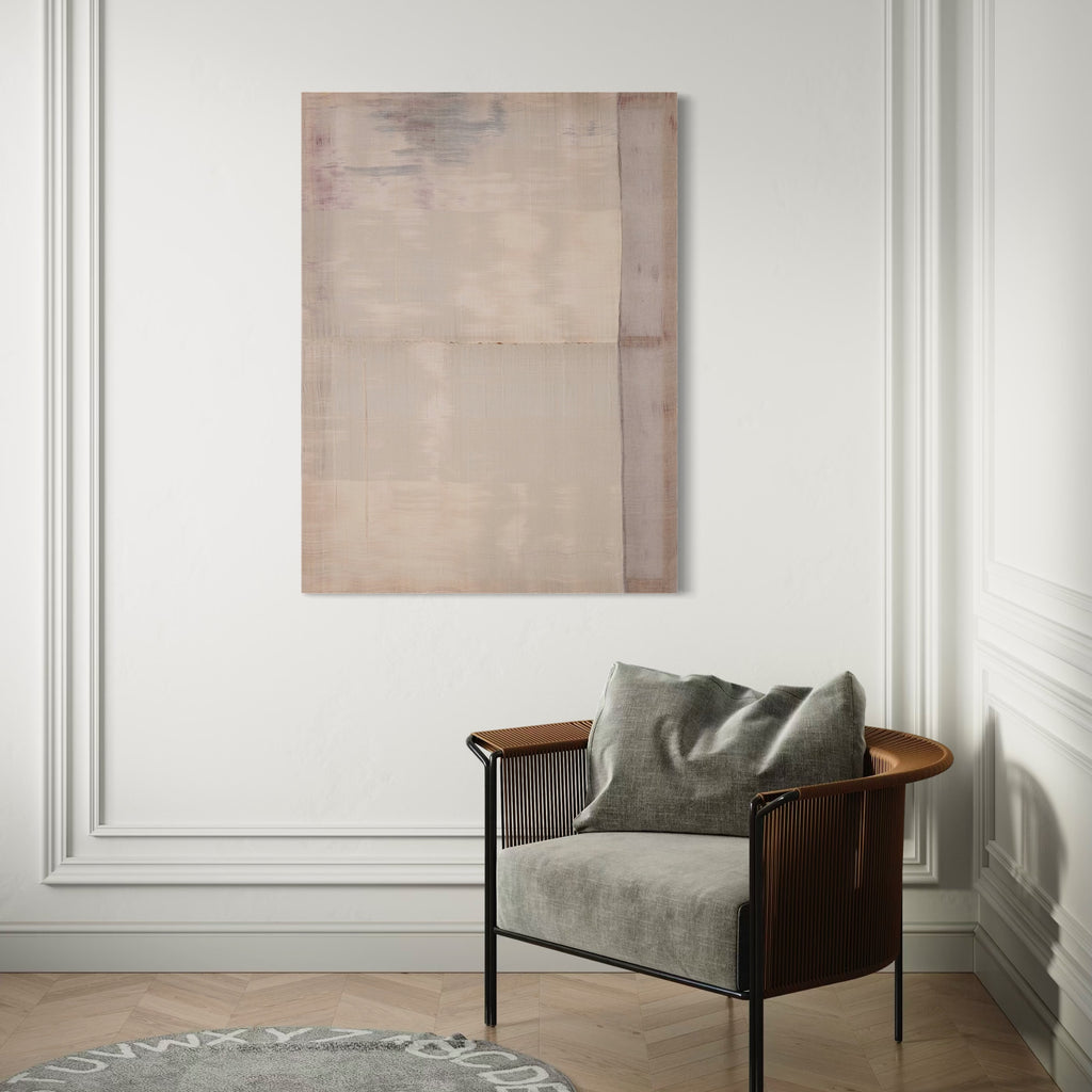 Untitled #180 by Victoria Manganiello showcases a subtle abstract design with soft gradations of beige and muted taupe, featuring delicate textural elements and faint linear markings. The composition exudes a quiet elegance, enhancing minimalist interiors with its refined, understated palette and gentle organic structure.