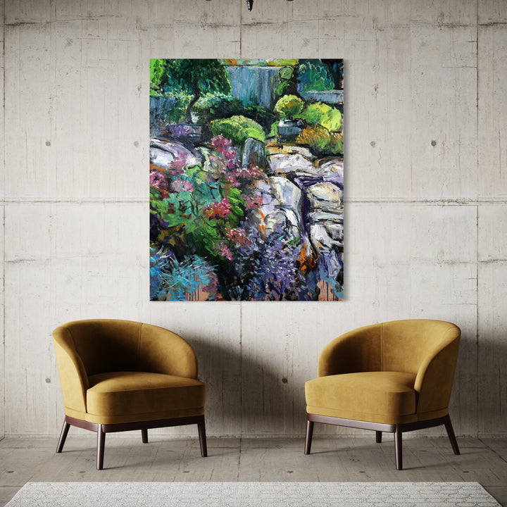 The artwork, Arboretum Bonsai Garden, by David Quentin Sheldon, displayed in a room.