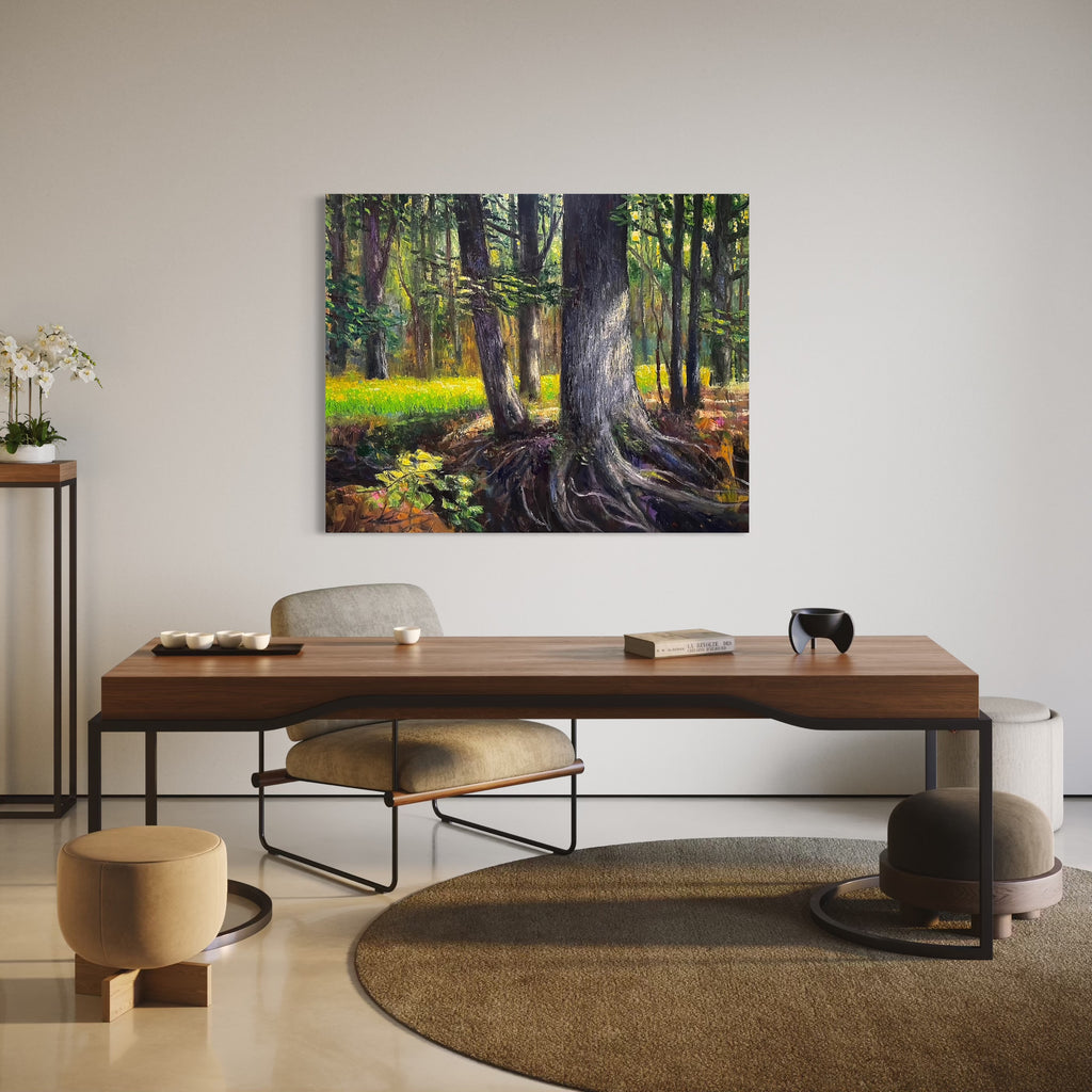 The artwork, Daffodil Flats, by David Quentin Sheldon, displayed in a room.