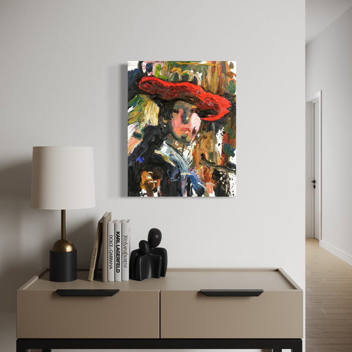 The artwork, Girl in Red Hat (After Vermeer), by David Quentin Sheldon, displayed in a room.