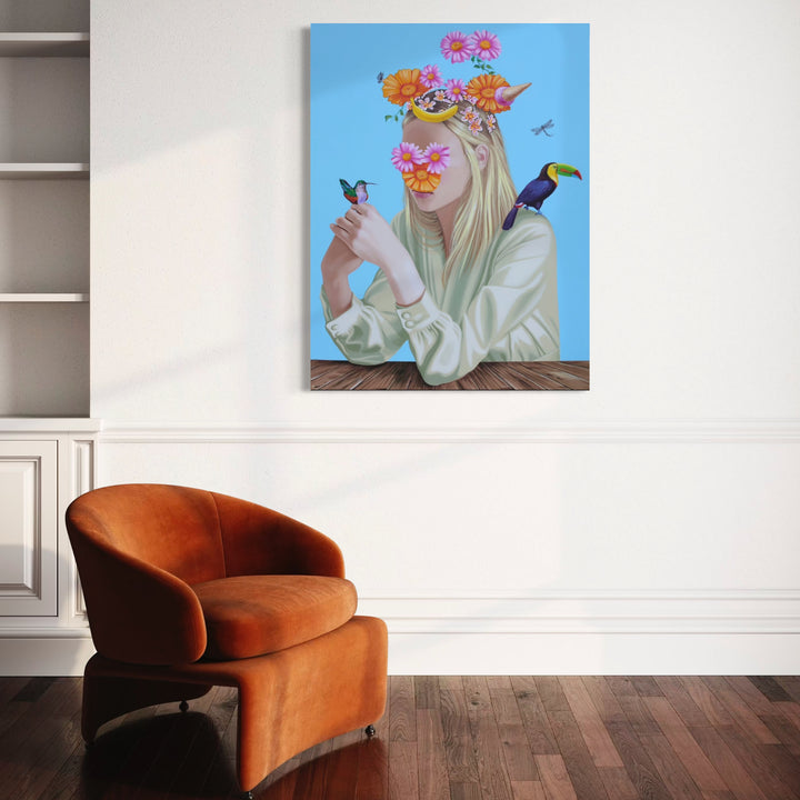 The artwork, Hummingbird and Flowers, by Carlos Gamez de Francisco, displayed in a room.