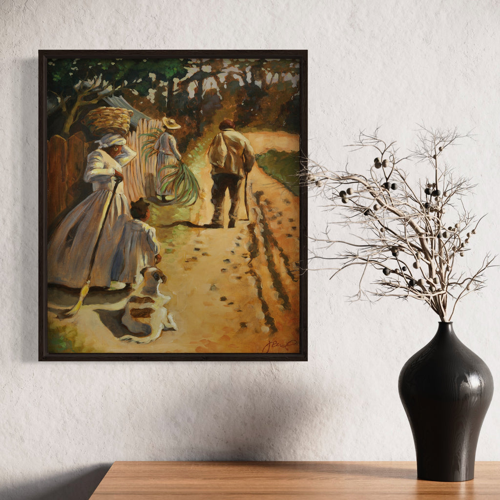 The artwork 'Restoration' depicts a rustic country scene with figures walking along a dusty path through an autumn landscape. Rich earth tones of browns and golds dominate, with subtle green foliage above. The oil painting features dramatic light and shadow play, executed in expressive brushstrokes on masonite. 21x18 inches. By JaeMe Bereal.
