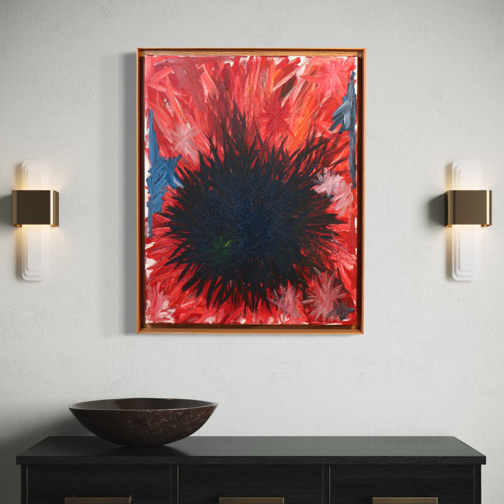 The artwork 'Rising 1' by Bill Burns features a dramatic abstract burst pattern, with a deep navy-blue center radiating outward in explosive strokes of vibrant crimson and scarlet. The dynamic brushwork creates a powerful sense of movement, resembling a cosmic explosion or blooming flower against hints of electric blue. Oil on canvas, framed in gold, 30x24 inches by Bill Burns.