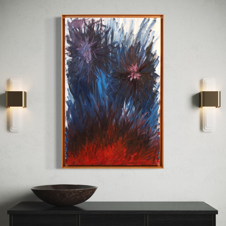 The artwork 'Rising 2' features dynamic bursts of color, with explosive brushstrokes in deep navy blue dominating the upper canvas, transitioning to intense crimson red at the bottom. Two abstract starburst formations in purple and burgundy pierce through the composition, creating a powerful sense of upward movement and energy. Oil on canvas abstract expressionist painting. By Bill Burns.
