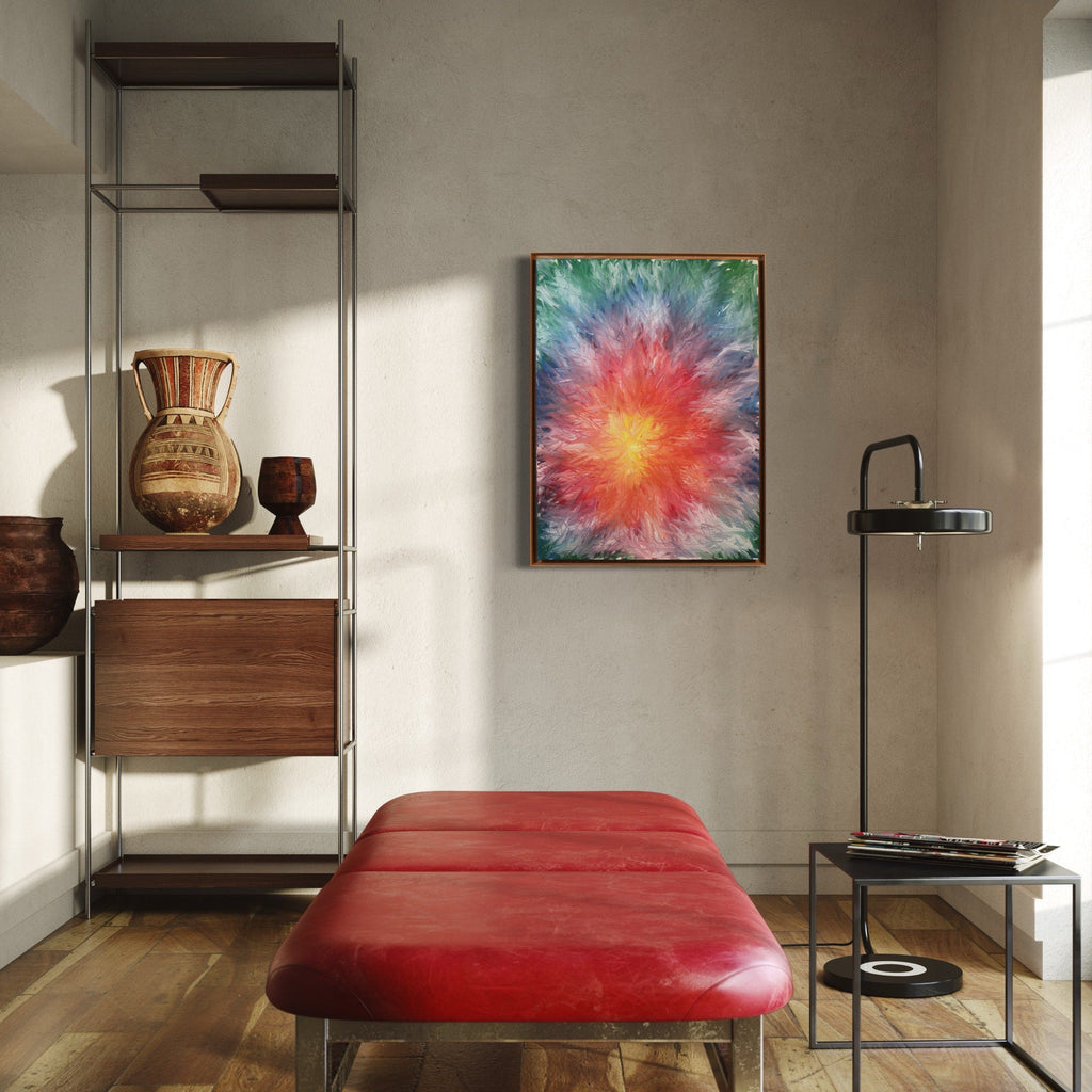 The artwork 'Rising 4' features a vibrant abstract explosion of colors, radiating from a bright yellow center through warm coral and red tones to cool turquoise edges, creating a dynamic starburst effect on oil canvas. The 40x30 inch painting evokes an ethereal cosmic burst or blooming flower, showcasing expressive brushwork and color blending by Bill Burns.
