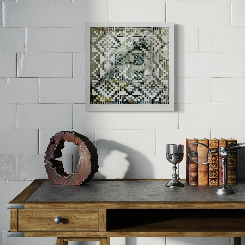 The artwork 'The Once Precious...' by Kiana Honarmand features a pixelated mosaic pattern in muted greens and whites, created through hand-cut and woven giclee prints. The 18x18 inch composition creates an abstract digital-like aesthetic, where small square pieces form a larger geometric pattern, displaying both contemporary and traditional weaving techniques.