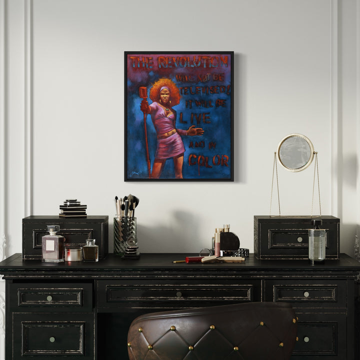 The artwork 'The Revolution Will Not Be Televised' by JaeMe Bereal features a striking figure in a vibrant pink dress against a deep blue background. Bold red text frames the top of the composition, creating dramatic contrast. The high-quality lithograph on canvas captures dynamic movement and theatrical lighting, displaying modern pop art influences. - JaeMe Bereal Art