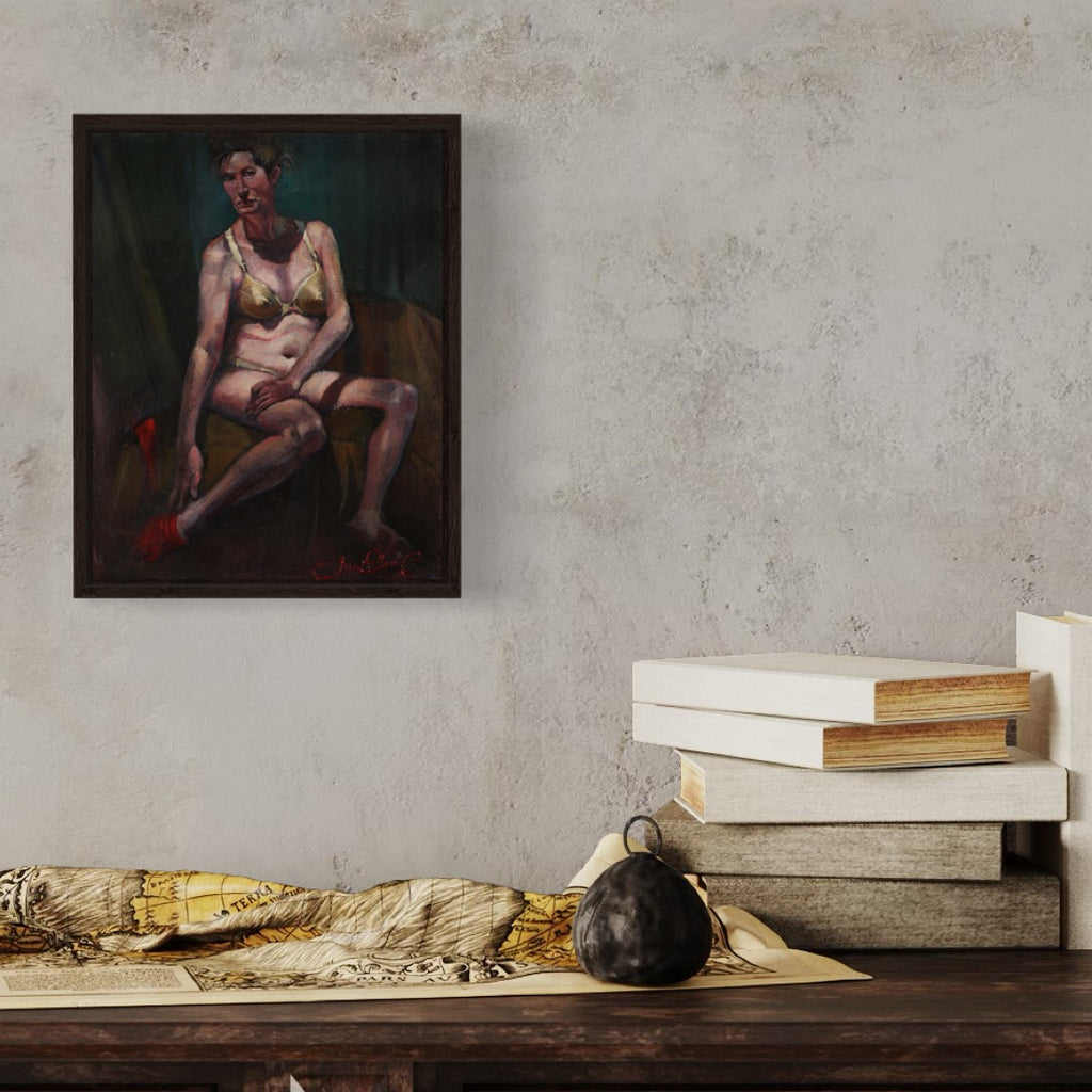 The artwork 'The Victor's Secret' by JaeMe Bereal: Contemporary acrylic painting featuring a seated figure against a dark emerald background, showcasing dramatic lighting and expressive brushwork. Red accents and muted flesh tones create depth and contrast in this 14x11 inch artwork.